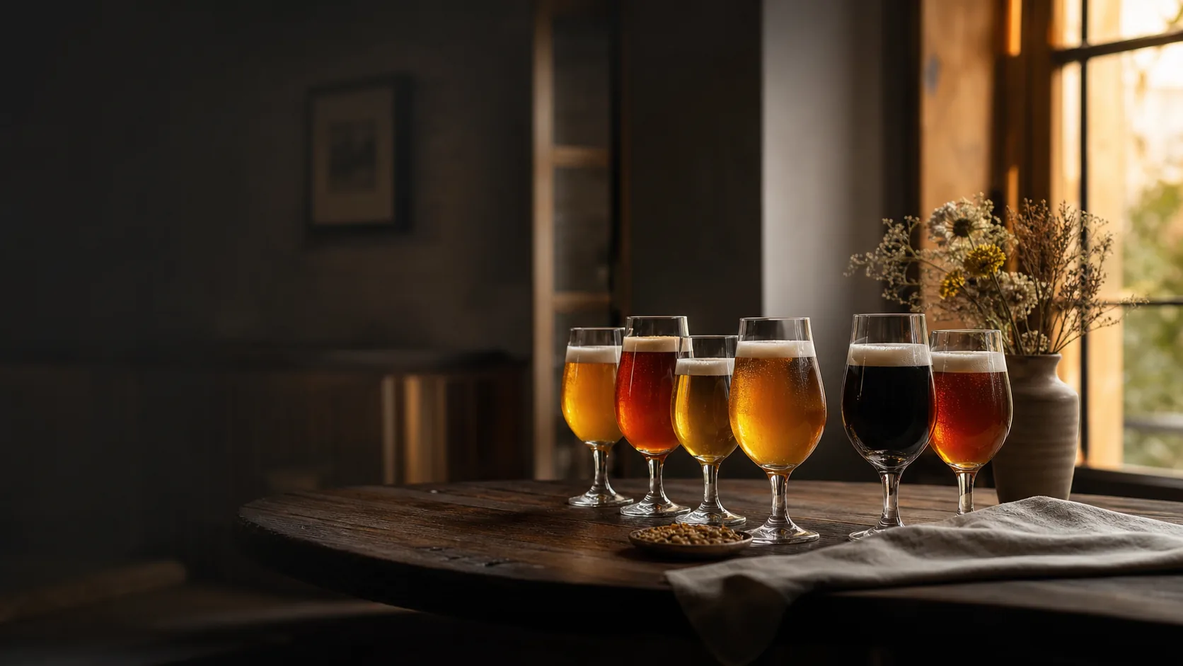 Sechs unterschiedliche fränkische Craftbiere in Verkostungsgläsern